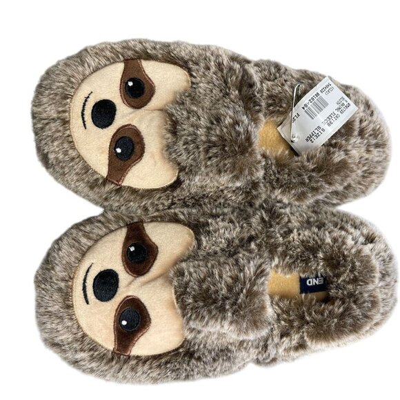 NEW Lands' End Kid's Size 2 Sloth Face Animal Fleece Slippers Kids Brown Plush - Picture 3 of 6